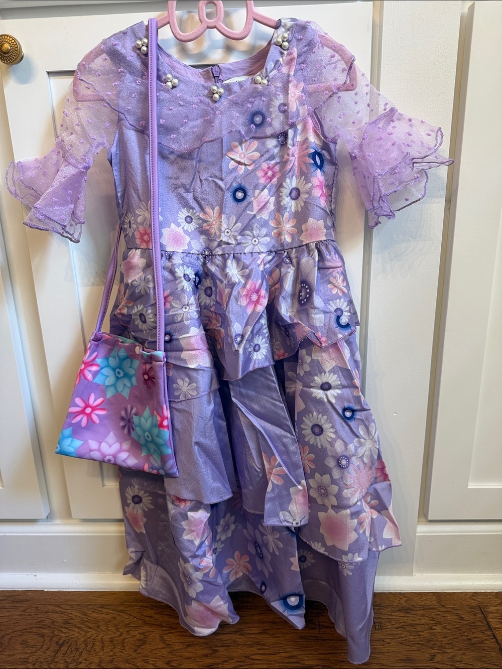 Purple Floral Ruffle Kids Costume Dress with Matching Bag